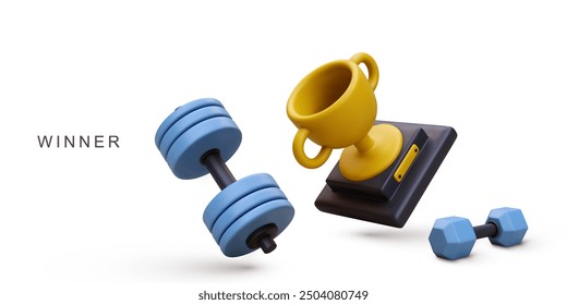 3d realistic golden cup on white and dumbbells background. Vector illustration.