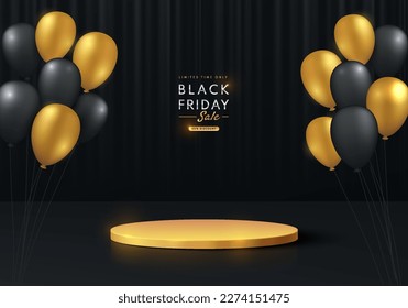 3D realistic golden cylinder pedestal podium background with black and gold balloon. Black friday sale. Wall minimal scene, mockup product stage showcase, promotion display. Abstract vector empty room