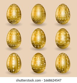 3D Realistic golden Easter eggs with soft shadows, Happy Easter Vector illustration