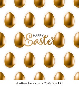 3d realistic golden eggs isolated on white background. Seamless holiday pattern for Happy Easter greeting card, banner, cover, poster or flyer. Vector gold egg decorations.