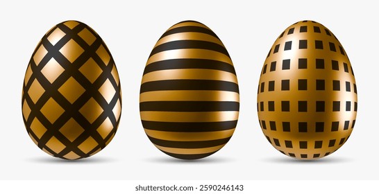3D realistic golden eggs set with black patterns. Designs include diagonal lines, horizontal stripes and grid pattern. Use for Easter graphics, banners. Vector egg objects isolated on white background
