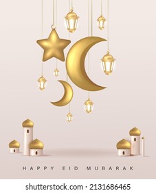 3D Realistic Golden Hanging Crescent Moon and Star Design, Modern and Elegant Template for Happy Eid Mubarak Poster