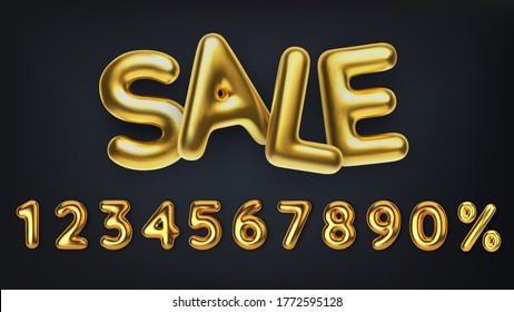 3D Realistic golden inscription sale. Set off discount promotion sale made of realistic 3d gold balloons. Number in the form of golden balloons. Vector illustration