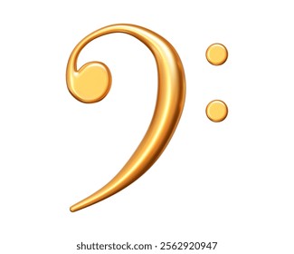 3d realistic golden metal bass clef. Music icon for design. Stock vector illustration on isolated background.