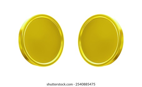 3d realistic golden metal coins rotated perspective. Shiny blank medals vector isolated set