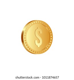 3d realistic golden metallic dollar coin, with rotate 30 degrees, isolated on white background. Vector illustration.