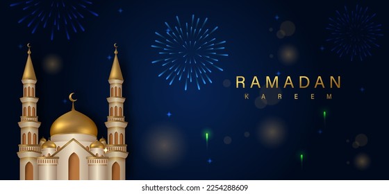 3D Realistic Golden Mosque Design for Ramadan Kareem Template Vector Illustration