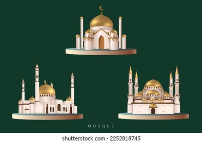 3D Realistic Golden Mosque Set Design Vector Illustration