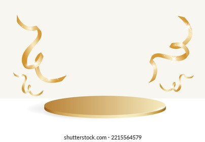 3d realistic golden podium. Scene with product demonstration, discounts. Stage with golden ribbons. Vector geometric platform.