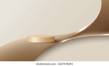 3D realistic golden podium stand with fabric satin on soft brown background luxury style. Product display for cosmetic, beauty, showroom, showcase, presentation, etc. Vector illustration