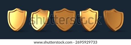 3D realistic golden shield icons set. Glossy metal protection badges symbolizing security, defense, privacy, and safety. Luxurious golden armor emblems isolated on white. Vector illustration.