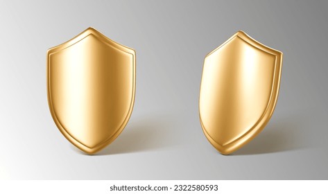 3D realistic golden shields. Concept of secure protection. Vector 3d Illustration