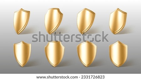 3D realistic golden shields. Concept of secure protection. Web security and guarding system. Vector 3d Illustration