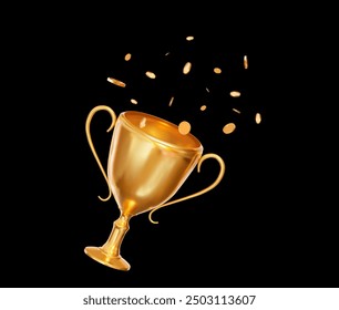 3d realistic golden trophy cup with flying coins. Stock vector illustration on black isolated background.	