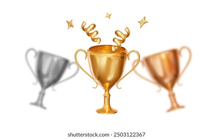 3d realistic golden trophy cup with confetti. Stock vector illustration on isolated background.	

