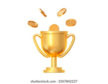 3d realistic golden trophy cup with flying gold coins. Stock vector illustration on isolated background.	
