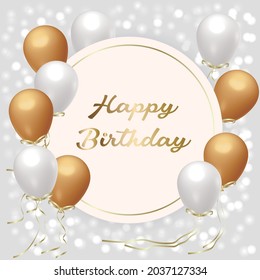 3D realistic golden and white balloon Happy Birthday Card, banner, template, flyer