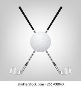 3d realistic golf ball and two crossed golf clubs. Vector EPS10 illustration. 