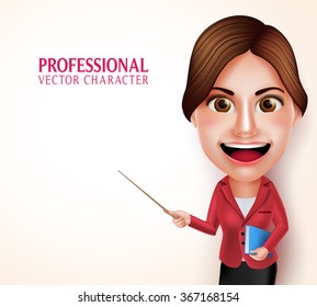 3D Realistic Good Looking Professional School Teacher Vector Character Smiling Holding Books while Teaching Lessons Pointing an Empty Space. Vector Illustration