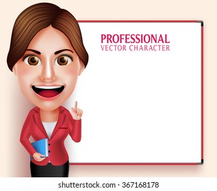 3D Realistic Good Looking Professional School Teacher Vector Character Smiling Holding Books while Teaching Lessons in Empty White Board. Vector Illustration