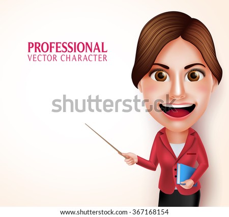 3D Realistic Good Looking Professional School Teacher Vector Character Smiling Holding Books while Teaching Lessons Pointing an Empty Space. Vector Illustration