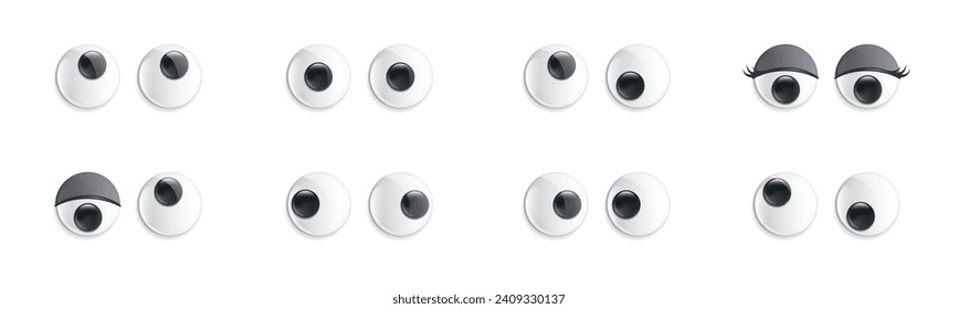 3d realistic googly eyes. Funny toy plastic glossy eye. Set of vector cartoon goofy eyeballs looking up and down