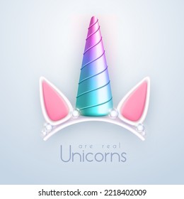 3D realistic gradient unicorn horn isolated on white background. Children head decoration. Vector illustration