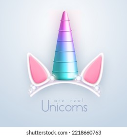 3D realistic gradient unicorn horn isolated on white background. Children head decoration. Vector illustration