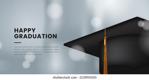 3d realistic graduation cap for graduation party celebration with white elegant modern banner