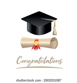 3D Límite de graduación realista y diploma rodado elementos de diseño vectorial de desplazamiento Aislado sobre fondo blanco Sombrero académico con tassel y certificado universitario. Tarjeta, cartel, anuncio, afiche