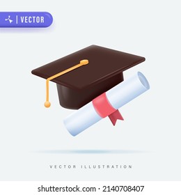 3D Realistic Graduation Hat and Diploma in Isolated White Background Vector Illustration. Graduation Logo Template Design Elements. Element for degree ceremony and educational programs design.