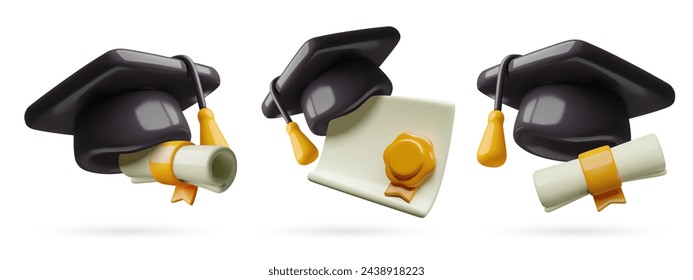 Iconos de graduación realistas 3d con tapas de cartón negro diploma pergaminos de papel, cintas de oro y medalla. Colección de objetos vectoriales de plástico minimalista tridimensional sobre fondo blanco.