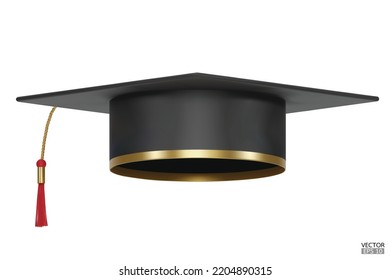 3D realistic Graduation university or college black cap isolated on white background. Graduate college, high school, Academic, or university cap. Hat for degree ceremony. 3D vector illustration.