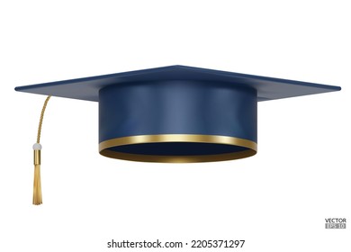 3D realistic Graduation university or college blue cap isolated on white background. Graduate college, high school, Academic, or university cap. Hat for degree ceremony. 3D vector illustration.