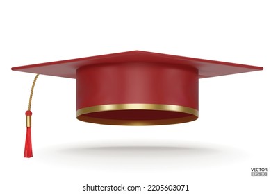 3D realistic Graduation university or college red cap isolated on white background. Graduate college, high school, Academic, or university cap. Hat for degree ceremony. 3D vector illustration.