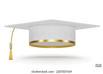 3D realistic Graduation university or college white cap isolated on white background. Graduate college, high school, Academic, or university cap. Hat for degree ceremony. 3D vector illustration.