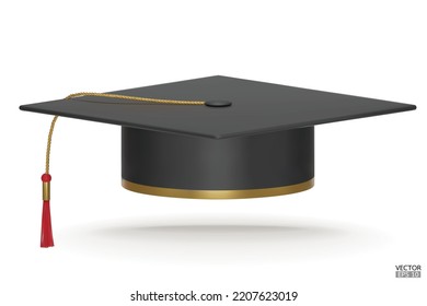 3D realistic Graduation university or college black cap isolated on white background. Graduate college, high school, Academic, or university cap. Hat for degree ceremony. 3D vector illustration.