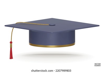 Universidad 3D realista de Graduación o universidad de capa azul oscuro aislada en fondo blanco. Licenciatura universitaria, secundaria, académica o universitaria. Sombrero para la ceremonia de graduación. Ilustración vectorial 3D.