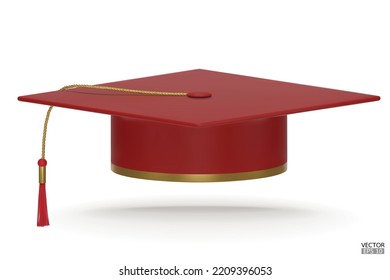 3D realistic Graduation university or college dark red cap isolated on white background. Graduate college, high school, Academic, or university cap. Hat for degree ceremony. 3D vector illustration.