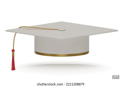 3D realistic Graduation university or college white cap isolated on white background. Graduate college, high school, Academic, or university cap. Hat for degree ceremony. 3D vector illustration.