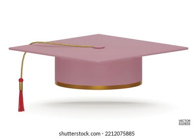 3D realistic Graduation university or college pink cap isolated on white background. Graduate college, high school, Academic, or university cap. Hat for degree ceremony. 3D vector illustration.