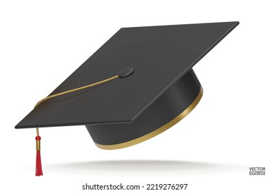 3D realistic Graduation university or college black cap isolated on white background. Graduate college, high school, Academic, or university cap. Hat for degree ceremony. 3D vector illustration.