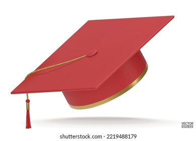 3D realistic Graduation university or college Red cap isolated on white background. Graduate college, high school, Academic, or university cap. Hat for degree ceremony. 3D vector illustration.