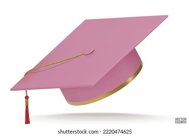 3D realistic Graduation university or college Pink cap isolated on white background. Graduate college, high school, Academic, or university cap. Hat for degree ceremony. 3D vector illustration.