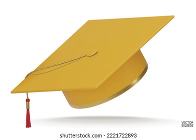 3D realistic Graduation university or college yellow cap isolated on white background. Graduate college, high school, Academic, or university cap. Hat for degree ceremony. 3D vector illustration.