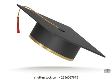 3D realistic Graduation university or college black cap isolated on white background. Graduate college, high school, Academic, or university cap. Hat for degree ceremony. 3D vector illustration.