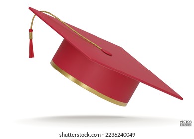 3D realistic Graduation university or college red cap isolated on white background. Graduate college, high school, Academic, or university cap. Hat for degree ceremony. 3D vector illustration.