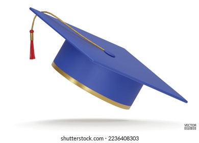 3D realistic Graduation university or college blue cap isolated on white background. Graduate college, high school, Academic, or university cap. Hat for degree ceremony. 3D vector illustration.