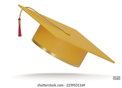 3D realistic Graduation university or college yellow cap isolated on white background. Graduate college, high school, Academic, or university cap. Hat for degree ceremony. 3D vector illustration.