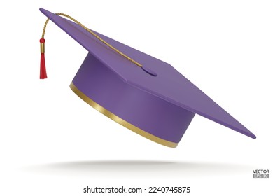 3D realistic Graduation university or college purple cap isolated on white background. Graduate college, high school, Academic, or university cap. Hat for degree ceremony. 3D vector illustration.